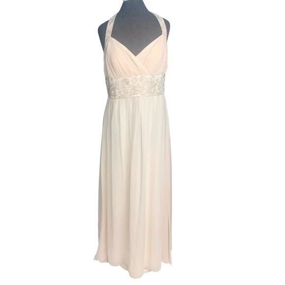 OC by Oleg Cassini Womens Ivory‎ Maxi Halter Evening Gown Dress Silk Beaded 14 - Picture 1 of 13